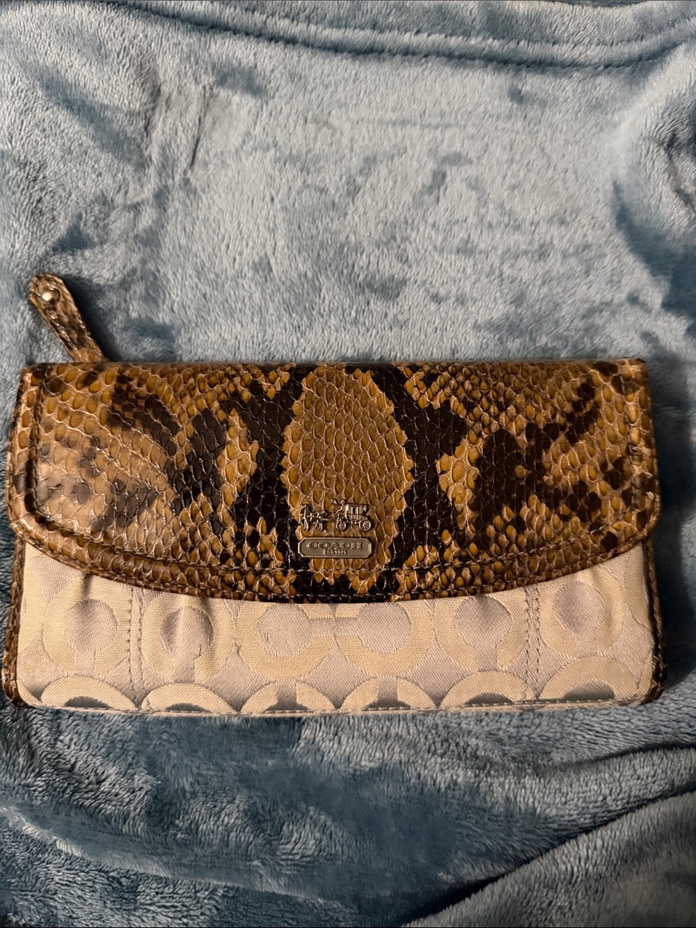 Coach Brown Snake-Print Flap Signature Canvas Wallet Clutch